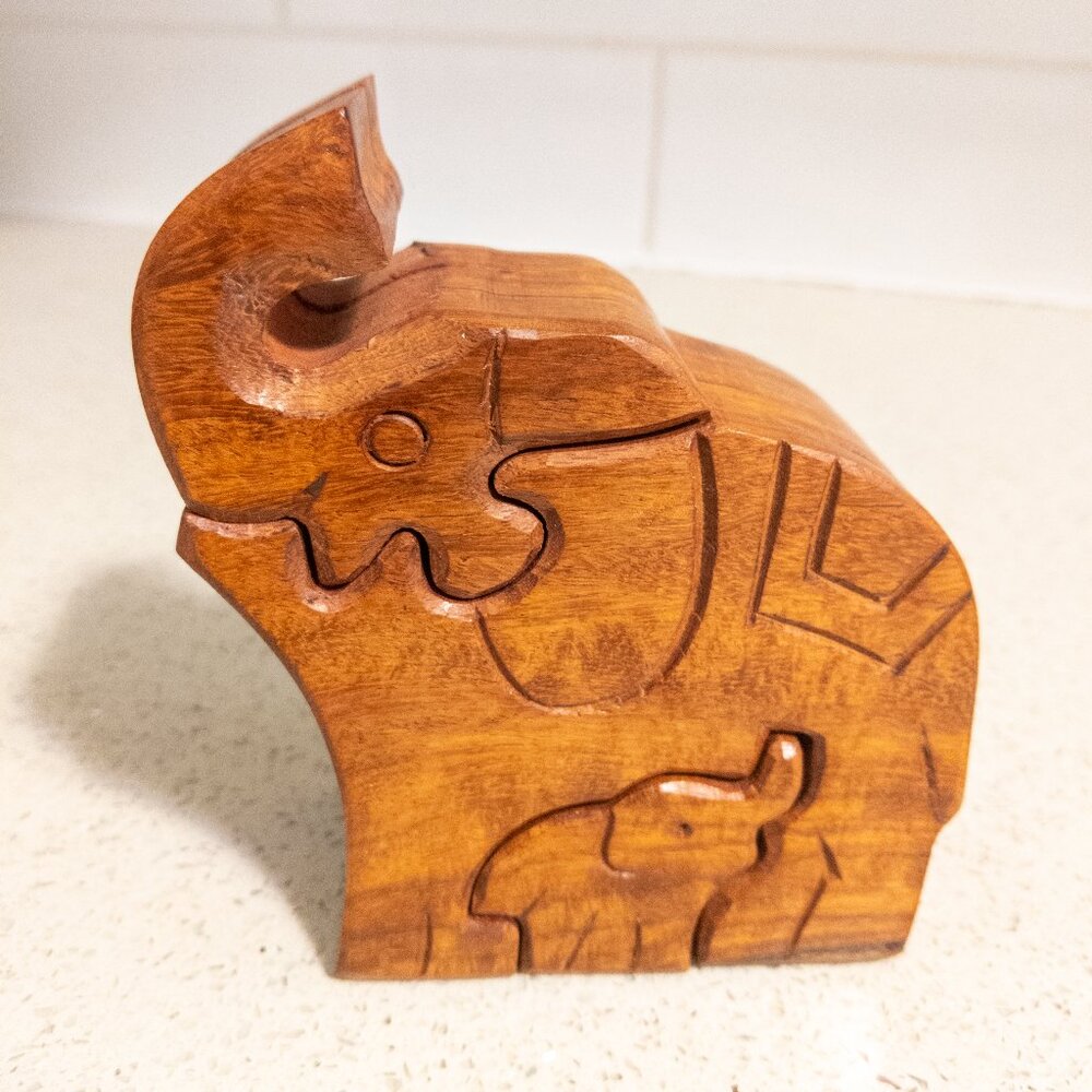 Ten Thousand Villages Handmade Wooden Elephant Puzzle Mother Baby Boho Decor